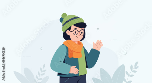 A person in winter attire waves hello, with soft floral elements