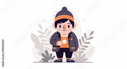 Cute cartoon child in winter attire with foliage background