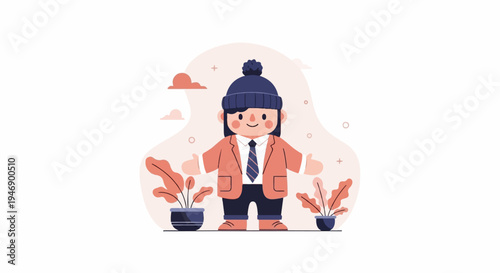 Cheerful person in winter attire with potted plants and whimsical clouds