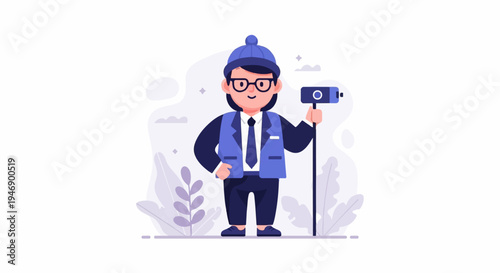 Cheerful person in formal wear with hat holding a camera on a stick