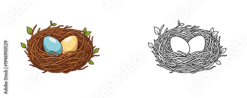 Easter eggs in nest cartoon illustration with colorful eggs and leaves in brown, blue and yellow colors used for spring holiday decoration and coloring page