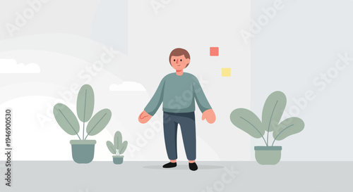 A minimalist illustration of a person standing between two potted plants under a cloudy sky