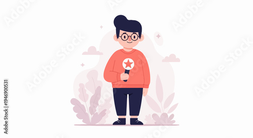 A person in a coral sweater and dark pants holds a microphone with a star