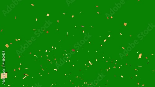 Golden confetti blast celebration animation on green screen background with sparkling glitter particles and festive streamers, perfect for birthday party videos, holiday greetings, and event promos