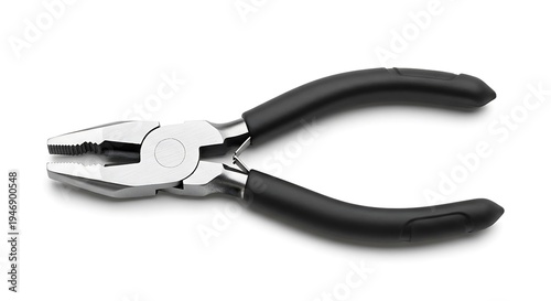 Combination pliers with black grips are isolated on white.