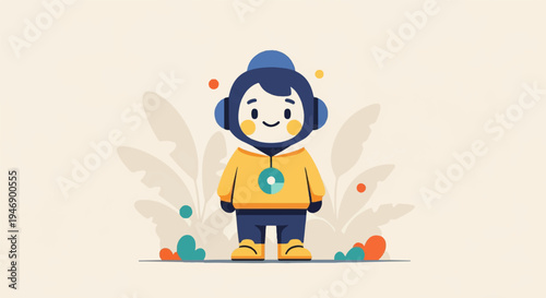 A cheerful, pixelated character wearing headphones and a hoodie stands amidst stylized plants