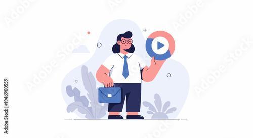 Cartoon character in business attire holding a play button symbol