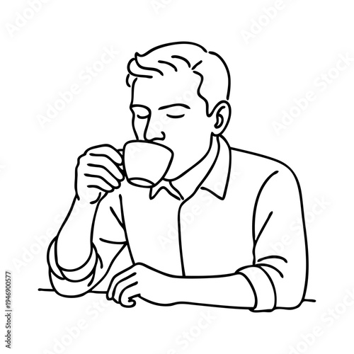 Dibujo sencillo con líneas de un hombre con camisa de manga corta sujetando una taza de café con la mano, sentado y apoyado en una mesa 