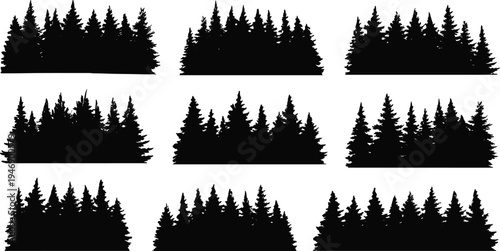 Silhouette coniferous trees forest clusters, pine fir spruce outlines, nature landscape illustration, black tree shapes, environmental design, artistic woodland background