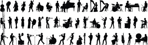Silhouette musicians playing instruments, orchestra ensemble, band performance, diverse musical poses, violin cello trumpet drums piano saxophone artistic illustration design