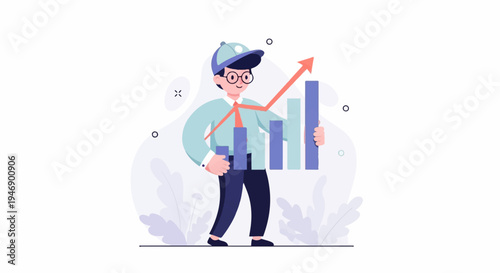 A person in a cap, glasses, and tie holds a bar chart with an upward trend arrow