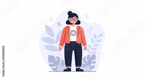 Stylized woman in coral jacket and dark pants with a smiley face on her shirt