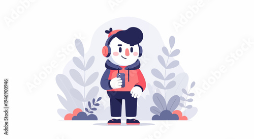 Friendly character with headphones and phone amidst stylized plants