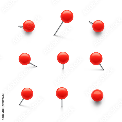 Set of push pins round head in different foreshortening mockup. Vector illustration isolated on white background. Ready to use for your design. EPS10.
