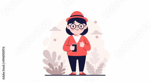 A stylized character with dark hair, glasses, and a red hat holds a phone