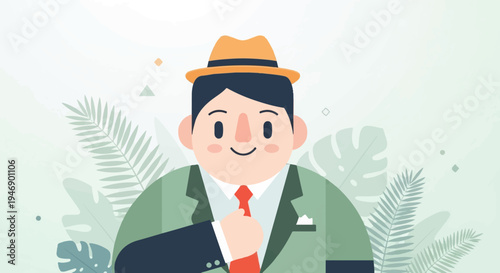 A man in a fedora and suit adjusts his tie amidst a background of tropical foliage