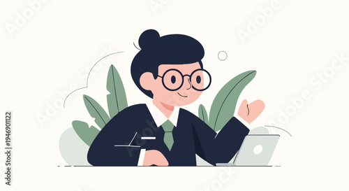 A person with glasses and dark hair wearing a suit and tie, working on a laptop amidst plants