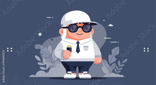 Whimsical character with glasses, cap, and tie in a flat, stylized design