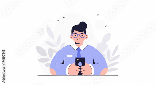 A person in a blue shirt, tie, and glasses holds a smartphone, with decorative leaves and shapes behind