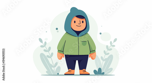 Stylized cartoon of a person in a green hooded jacket and dark pants