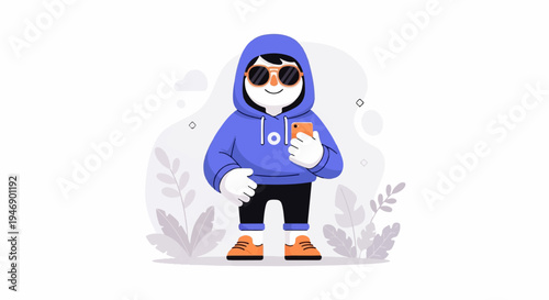 Stylized character in a purple hoodie, sunglasses, and holding a phone