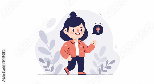 Cheerful character with hair bun, orange jacket, dark pants, and a bright idea bulb
