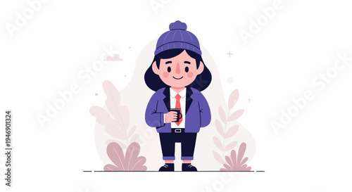 A stylized person wearing a winter hat, jacket, and tie, holding a mug of coffee amidst decorative foliage