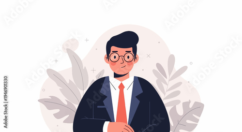 A well-dressed man with glasses and a tie, smiling against a background of soft foliage