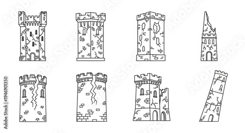 Collection of Medieval Stone Towers and Turrets in Black and White.