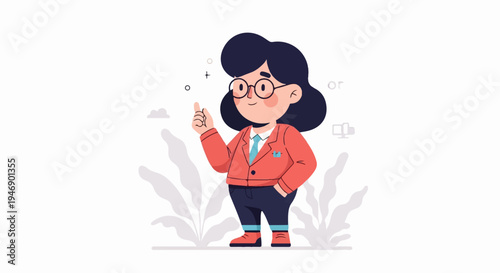 A stylized woman in a coral jacket, blue tie, and dark pants gestures with a raised finger