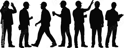 Silhouette of construction workers in hard hats, industrial teamwork, engineering roles, safety concept, occupational poses, building site illustration design