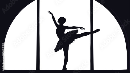 Ballet ballerina dancer silhouette performing arabesque pose near window frame isolated on white background graceful classical dance illustration