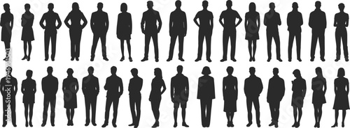 Silhouette of diverse people standing, male and female figures, casual poses, fashion concept, demographic diversity, urban lifestyle, vector illustration