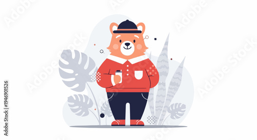 Adorable bear character in stylish attire, holding a cup, amidst tropical foliage