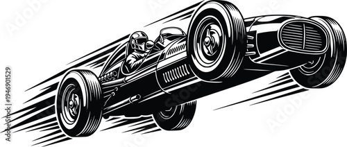 Vintage Grand Prix Race Car with Driver Hand Drawn Vector Illustration