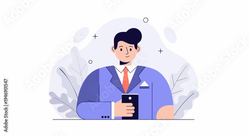 Stylized professional in blue suit and red tie holds smartphone, set against abstract floral backdrop and white space