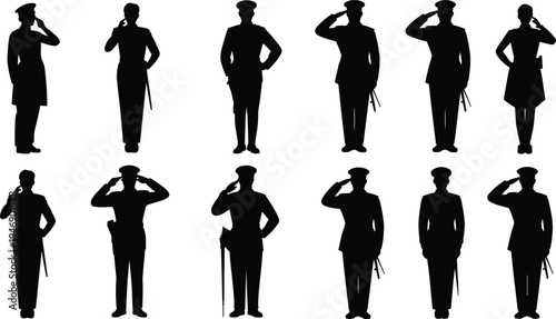 Silhouette of soldiers saluting, military personnel in uniform, diverse salute styles, army discipline, respect gesture, patriotic concept, defense force illustration