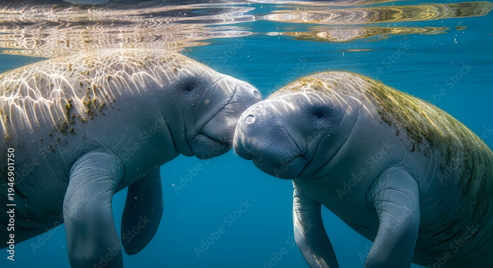 Naklejka premium Manatee Calf Nuzzling Mother Clear Water Sunbeams