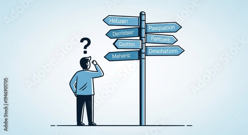 Man at crossroads with question.