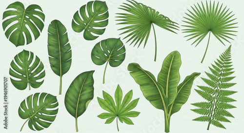 A collection of various green tropical plant leaves, including monstera, palm, and fern varieties