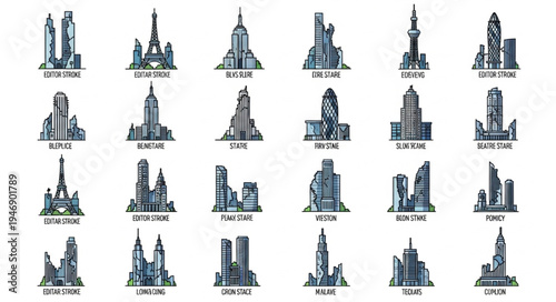 Collection of Minimalist City Skyline Illustrations in Watercolor Style.