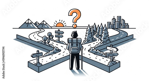 Man at crossroads with question.