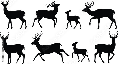 Deer silhouettes, antler design, wildlife figure, standing posture, walking motion, running stance, forest animal, nature icon, rustic art, hunting symbol