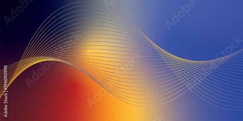 Radiant marron, yeallow, and navy blue light waves bending smoothly across a deep shadowed backdrop filled with shimmering micro sparkles, modern futuristic technology theme, vector illustration.