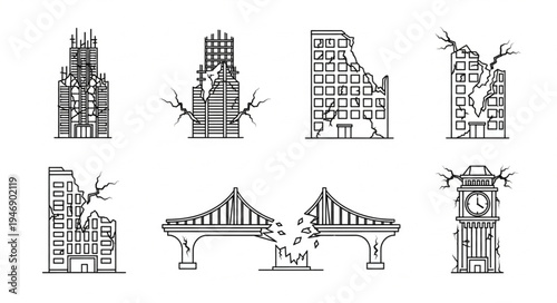 Post-Apocalyptic Cityscape - Ruined Buildings and Broken Bridge in Black and White.