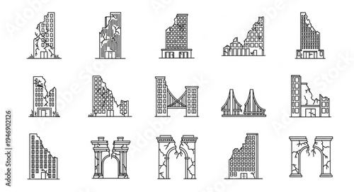 Collection of Distorted and Ruined Building Illustrations.