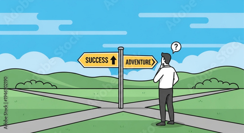 Man at crossroads with signs.