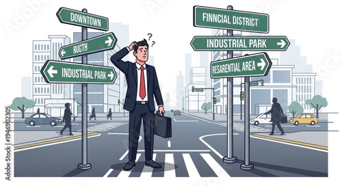 Man at Crossroads with Signs.