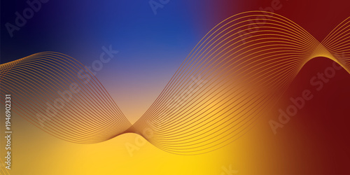 Radiant marron, yeallow, and navy blue light waves bending smoothly across a deep shadowed backdrop filled with shimmering micro sparkles, modern futuristic technology theme, vector illustration.