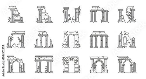 Collection of Ancient Architectural Ruins Sketches and Illustrations.
